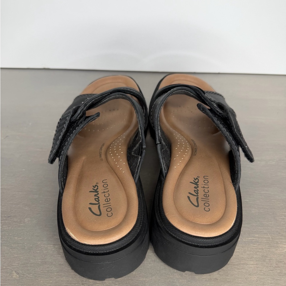 Clarks Black Leather Cross-Strap Slide Sandals Size 8 - Picture 6 of 8